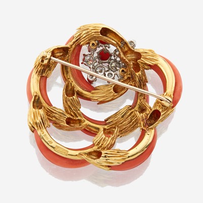 Lot 66 - A gold, coral, and diamond brooch, Kutchinsky
