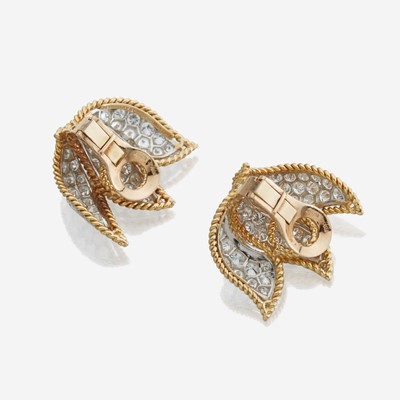 Lot 13 - A pair of gold, platinum, and diamond ear clips, Tiffany & Co.