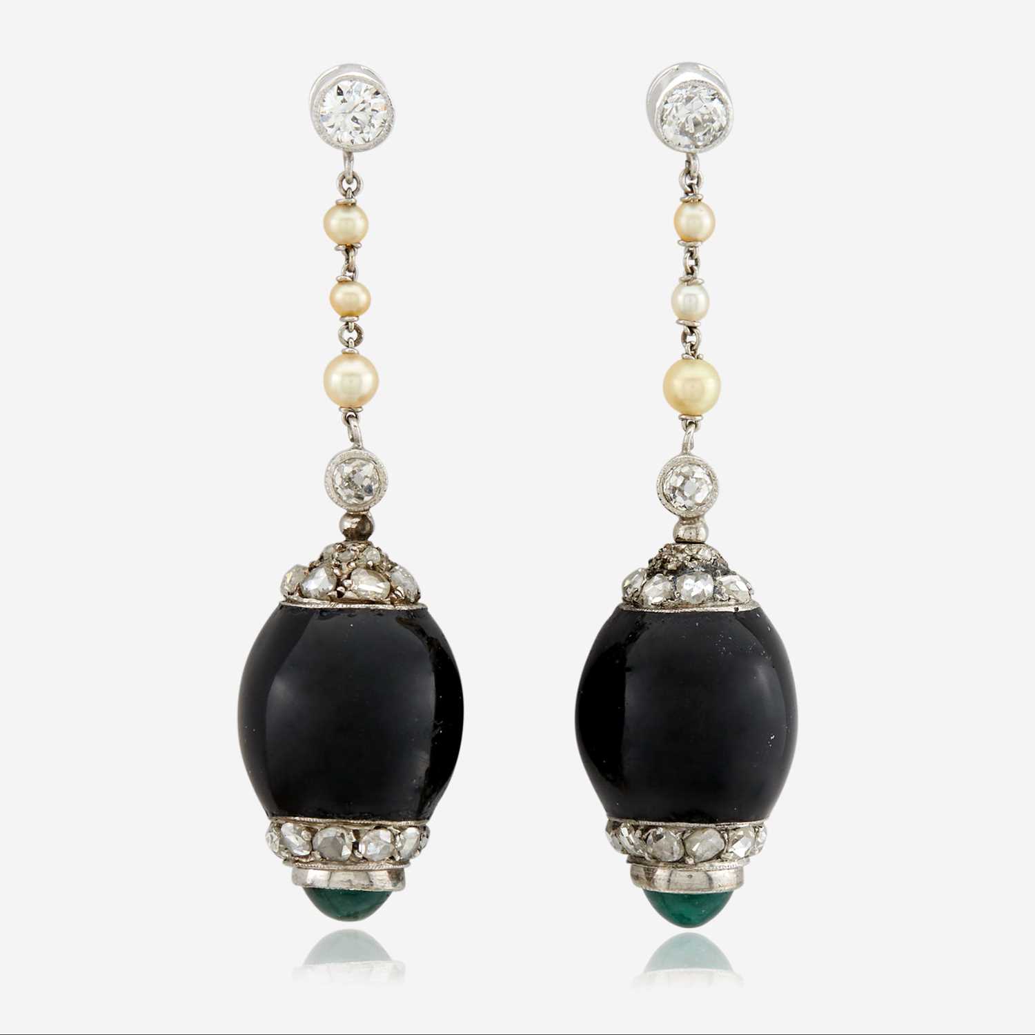 Lot 61 - A pair of onyx, diamond, pearl, emerald, and white gold ear pendants