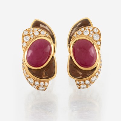 Lot 69 - A pair of ruby, smoky quartz, diamond, and gold earrings, Marina B