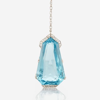Lot 9 - A diamond, aquamarine, and palladium pendant necklace, Tiffany & Co.