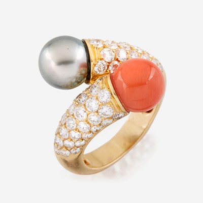Lot 68 - A coral, Tahitian black cultured pearl, diamond, and gold ring, Van Cleef & Arpels