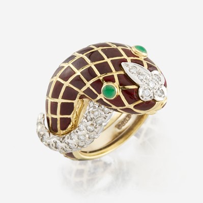 Lot 182 - An enamel, diamond, emerald, and gold ring, David Webb