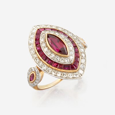 Lot 114 - A ruby, diamond, and platinum topped gold ring