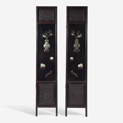 Lot 153 - A pair of Chinese jade and hardstone embellished wood panels