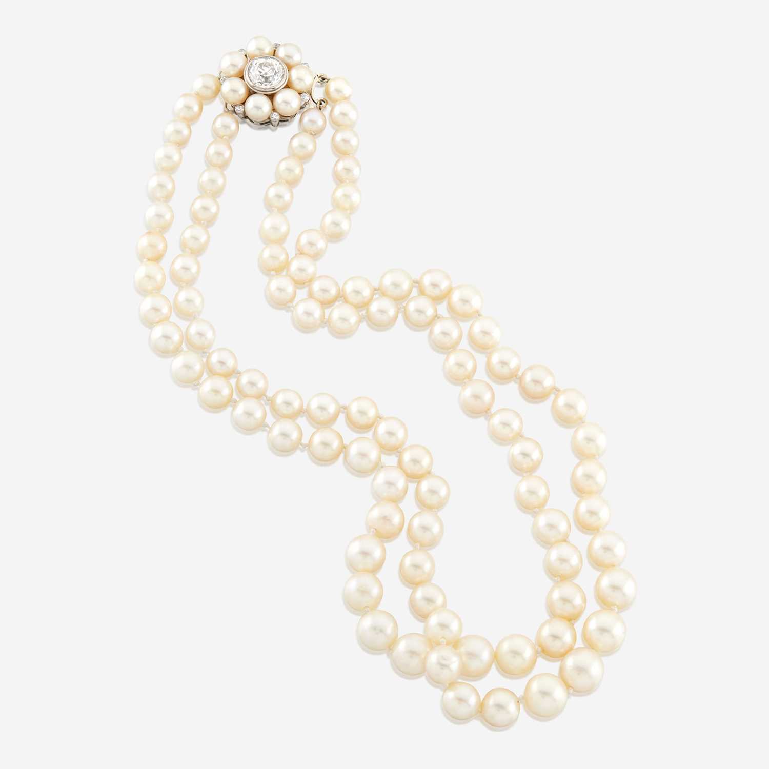 Lot 10 - A cultured pearl, diamond, and white gold necklace