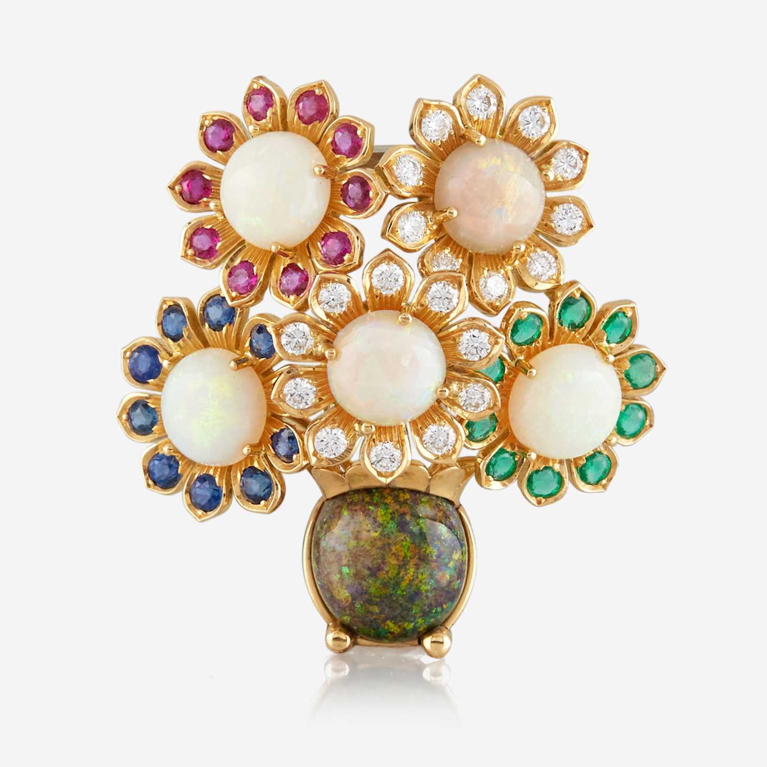 Lot 20 - An opal, diamond, emerald, sapphire, ruby, and gold brooch, Julius Hügler