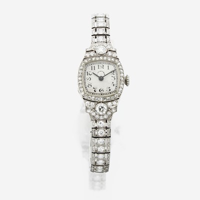 Lot 140 - An Art Deco diamond and platinum bracelet watch, Tiffany & Company