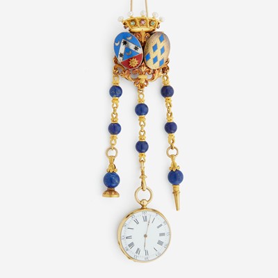 Lot 124 - A gold and lapis, pocket watch and chatelaine, Asprey, London