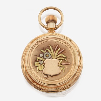 Lot 116 - A tricolor hunting case gold pocket watch, Elgin