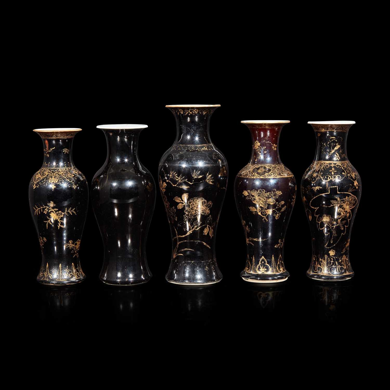 Lot 49 - A group of five assorted Chinese "Mirror-black"-glazed porcelain baluster vases