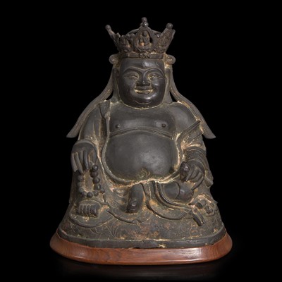Lot 24 - A Chinese bronze figure of crowned and seated Budai 布袋和尚铜像