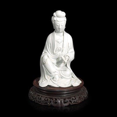 Lot 88 - A Chinese blanc de Chine figure of Guanyin seated, with scroll 白瓷持卷轴观音像