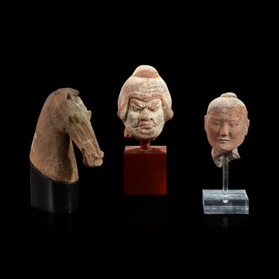 Lot 93 - Three Chinese pottery heads of two men and a horse