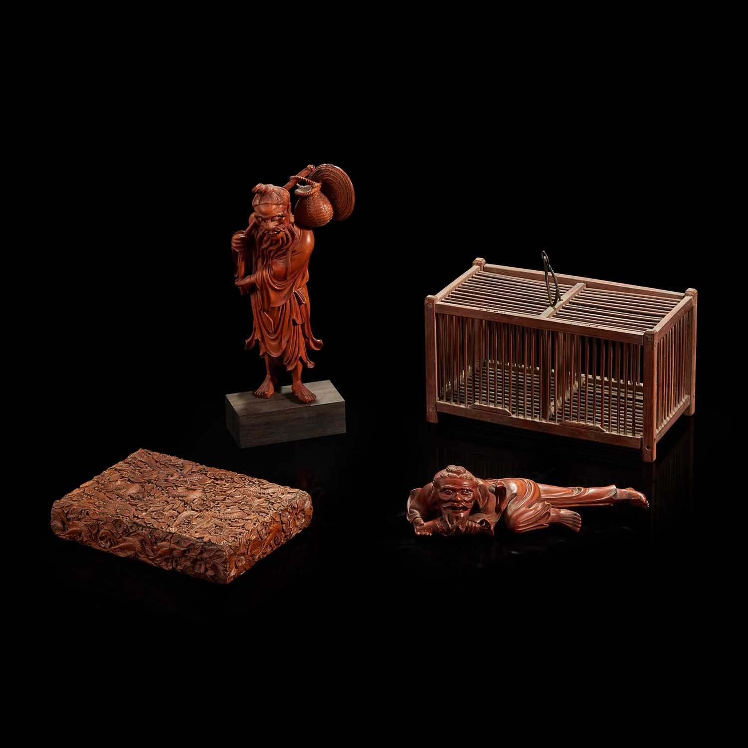 Lot 113 - Two carved boxwood figures, a sandalwood case, and a bamboo cricket cage