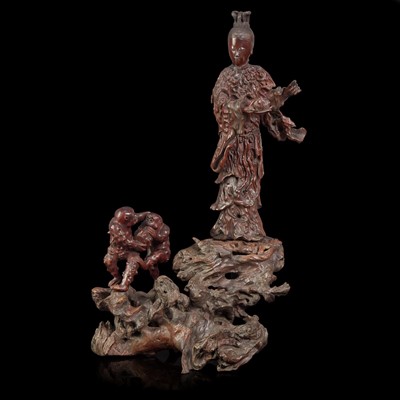 Lot 75 - A large Chinese carved rootwood figural group depicting a meiren and monkeys 根雕美人与顽猴