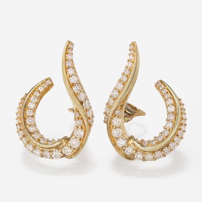 Lot 248 - A Pair of 14K Yellow Gold and Diamond Earrings by Jose Hess