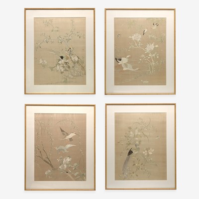 Lot 77 - A set of four Chinese silk-embroidered panels depicting birds and flowers