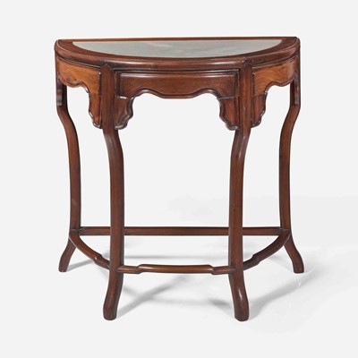 Lot 76 - A Chinese hardwood and marble-inset demilune side table