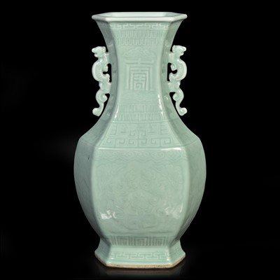 Lot 46 - A Chinese celadon-glazed hexagonal baluster vase 青釉双耳六方瓶