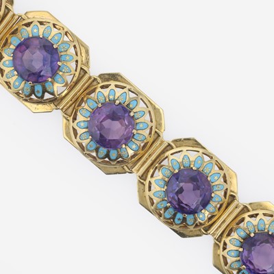 Lot 34 - An 18K yellow gold, synthetic sapphire, and enamel bracelet