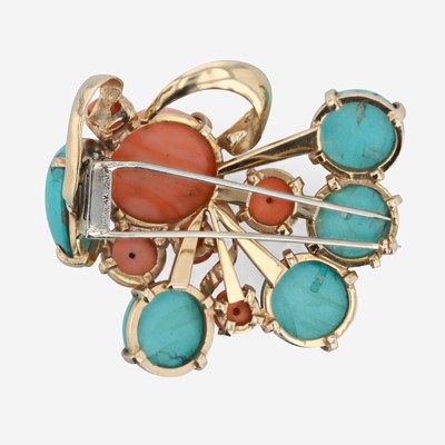 Lot 48 - A 14K yellow gold, coral, and turquoise brooch