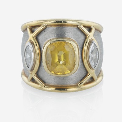Lot 1 - An 18K yellow gold, platinum, yellow sapphire, and diamond ring, Boris LeBeau