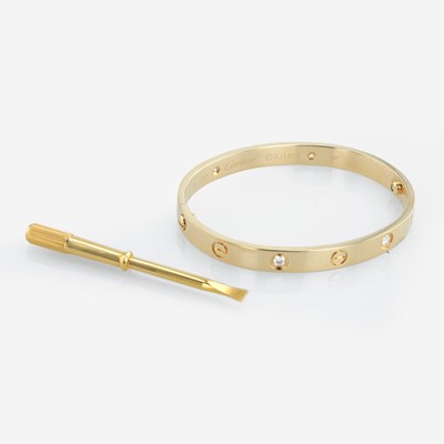 Lot 390 - An 18K Yellow Gold and Diamond Cartier Love Bracelet