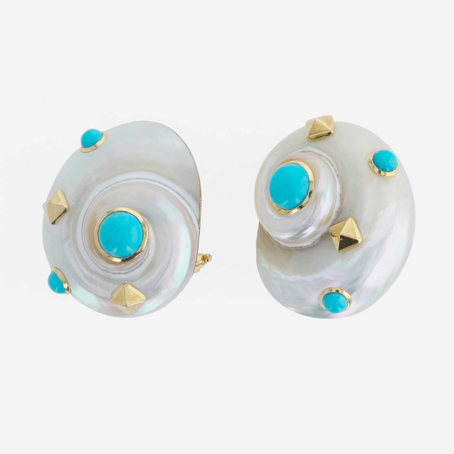 Lot 50 - A pair of 18K yellow gold, Umbonium shell, and turquoise earrings, Trianon