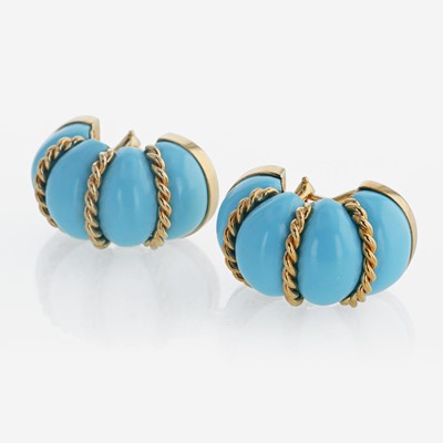 Lot 52 - A pair of 18K yellow gold and turquoise ear clips, Seaman Schepps