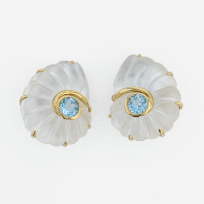Lot 51 - A pair of 18K yellow gold, rock crystal, and blue topaz ear clips, Trianon