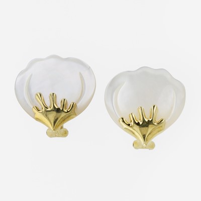 Lot 109 - A pair of 18K yellow gold and mother of pearl ear clips, Tiffany & Co.