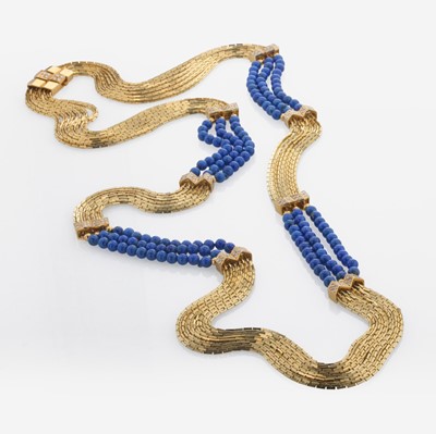 Lot 25 - An 18K Gold Lapis Lazuli Multi-Strand Diamond Necklace