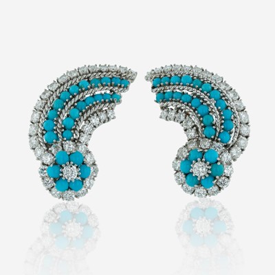 Lot 302 - Pair of Platinum, Turquoise, and Diamond Earrings