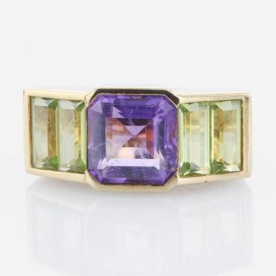 Lot 384 - Tiffany & Co. Paloma Picasso 18K Yellow Gold, Amethyst, and Tourmaline Ring