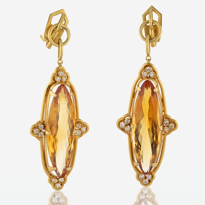 Lot 305 - A Pair of Cellini 18K Yellow Gold, Citrine, and Diamond Drop Earrings