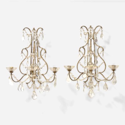 Lot 27 - A pair of George III style glass and mirrored metalwork sconces