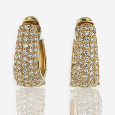 Lot 385 - A Pair of 18K Yellow Gold and Diamond Earrings