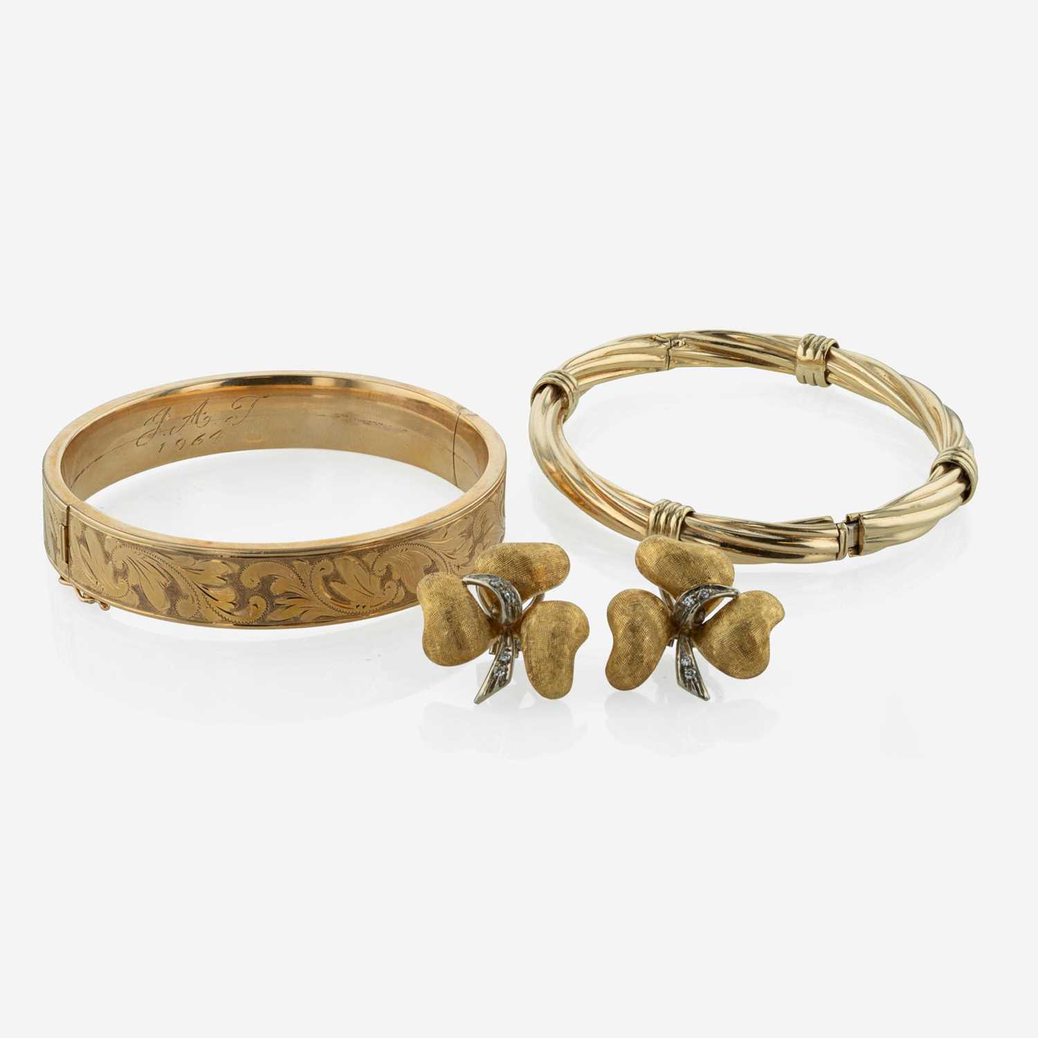 Lot 250 - A Collection of Yellow Gold Bangles and Diamond and Gold Earrings
