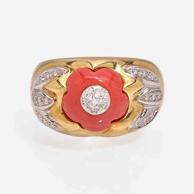 Lot 359 - An 18K Gold, Coral, and Diamond Pendant and Ring