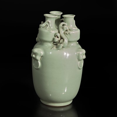 Lot 48 - An unusual Chinese Longquan celadon-glazed triple-necked vase 龙泉青釉三口瓶