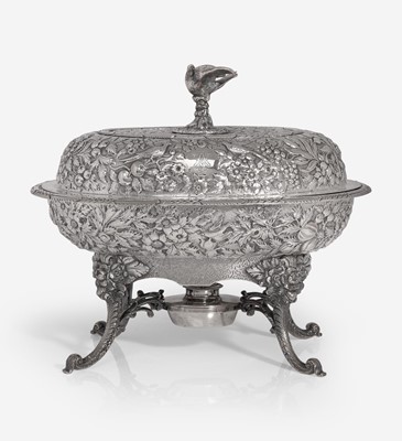 Lot 84 - A coin silver floral repoussé covered warming dish on stand