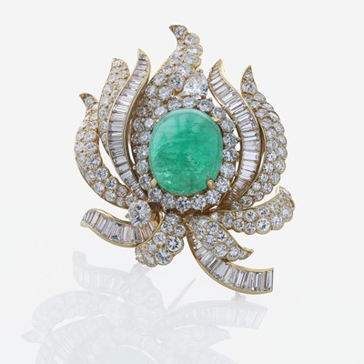 Lot 42 - A Diamond, Cabochon Emerald, and 18K Yellow Gold Cartier Brooch