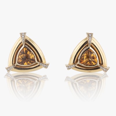 Lot 381 - A Pair of Citrine, Diamond, and 18K Yellow Gold Earrings