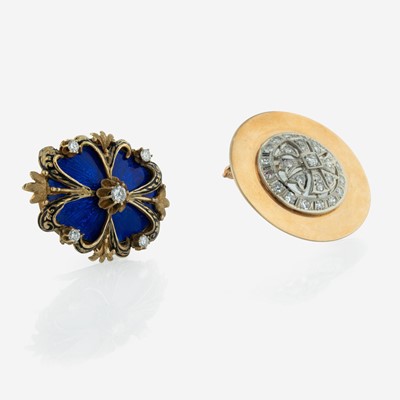 Lot 311 - A Collection of Two 14K Yellow Gold, Enamel, and Diamond Brooches