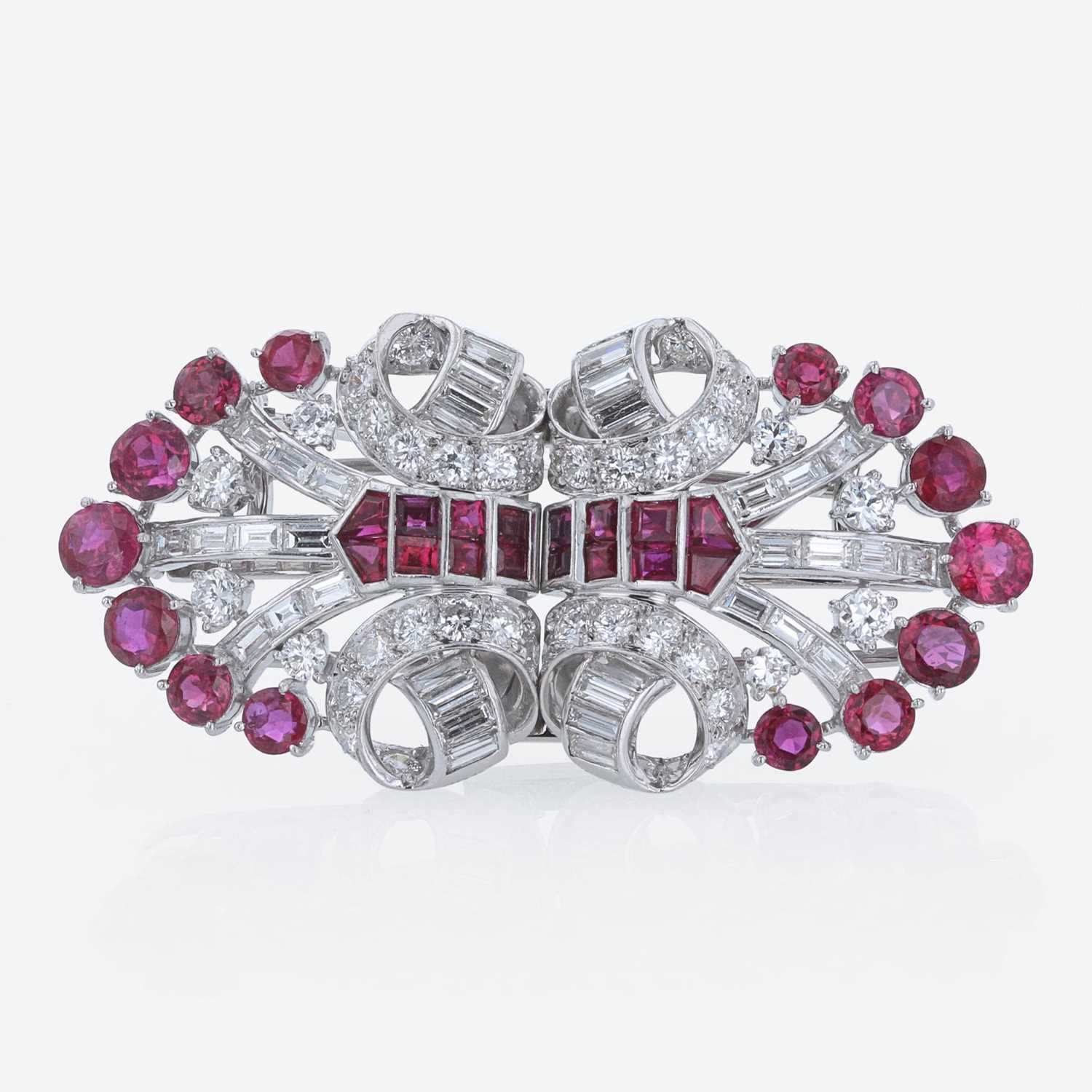 Lot 34 - An Art Deco Diamond, and Ruby Duette Double Clip Brooch