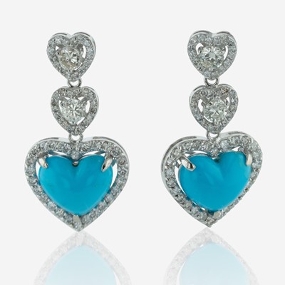 Lot 303 - A Pair of Turquoise, Diamond, and 14K White Gold Earrings