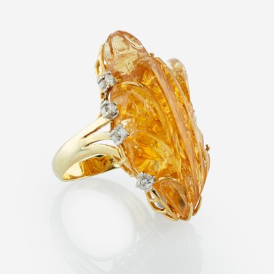 Lot 352 - A 14K Yellow Gold, Citrine, and Diamond Ring