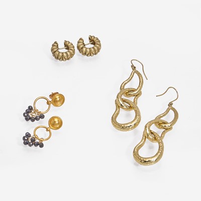 Lot 373 - A Three-Piece Collection of Yellow Gold Earrings