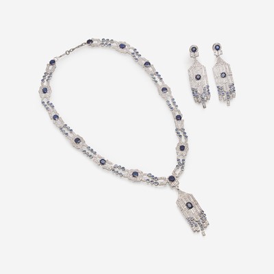 Lot 59 - A Matching Set of Sapphire and Diamond Earrings and Necklace